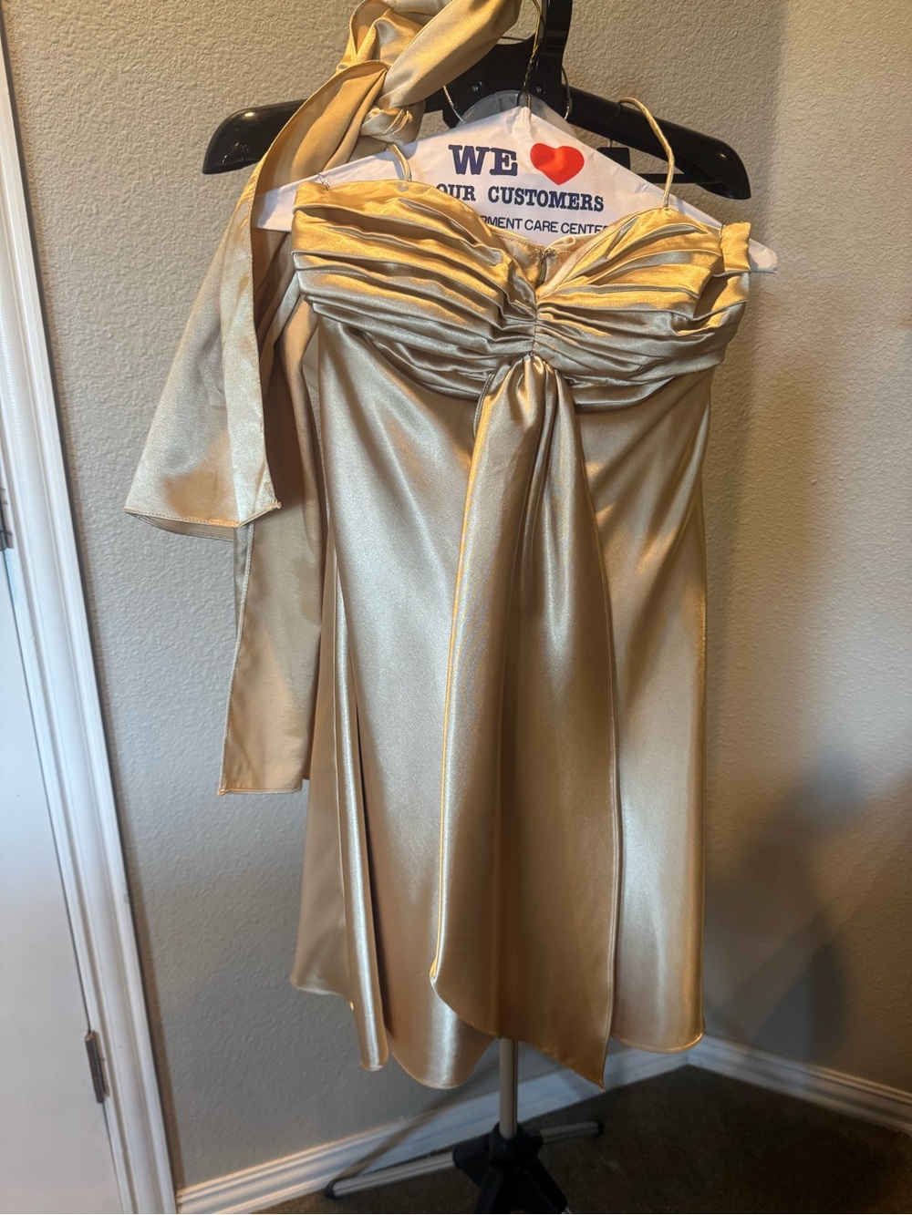 Cinderella Gold Satin Strapless Cocktail Dress with Front Drape